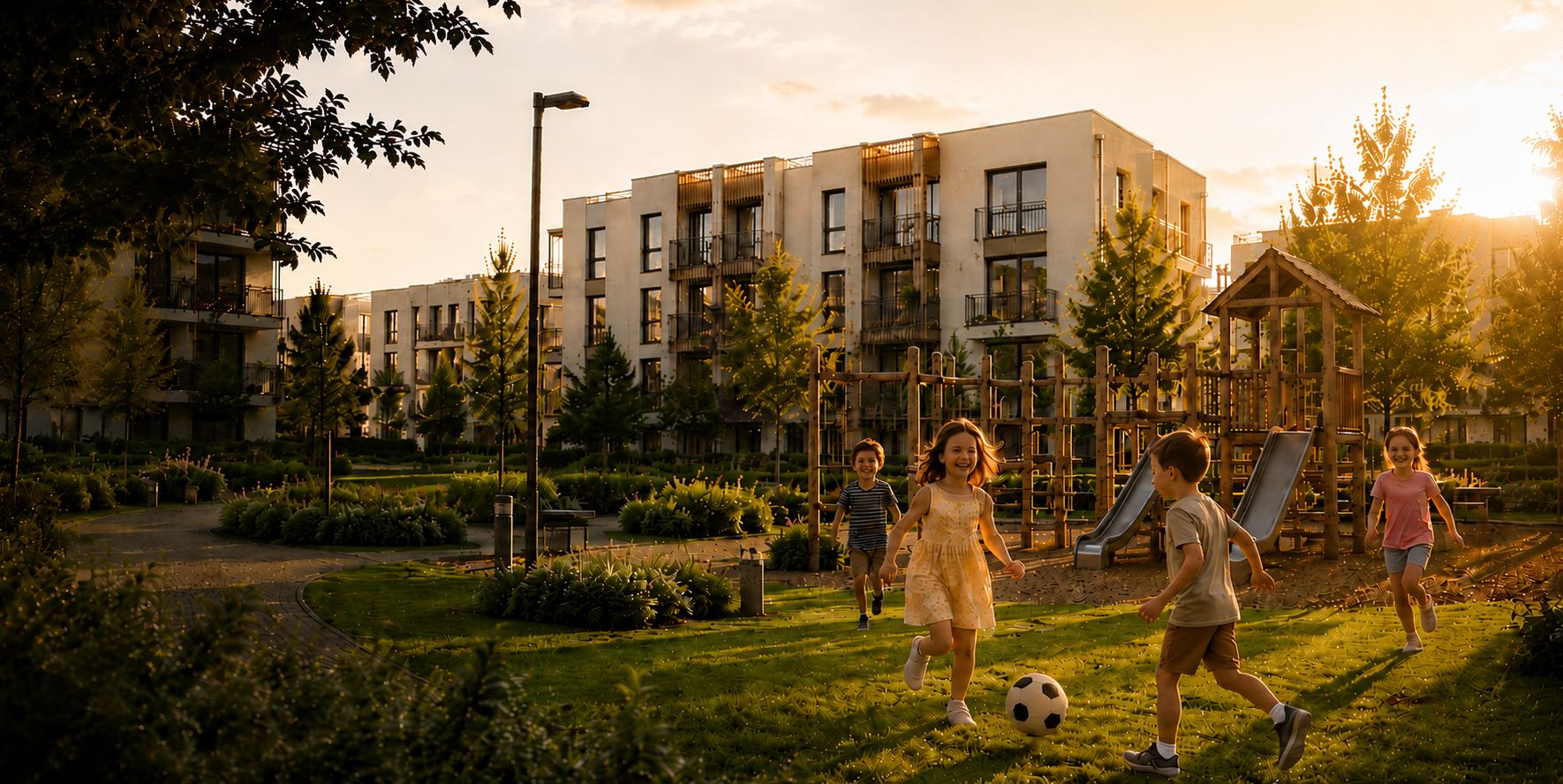 Visualisierung des geplanten Wohnquartiers DONAU HÖFE — spielende Kinder vor den Mehrfamilienhäusern in der Abendsonne.