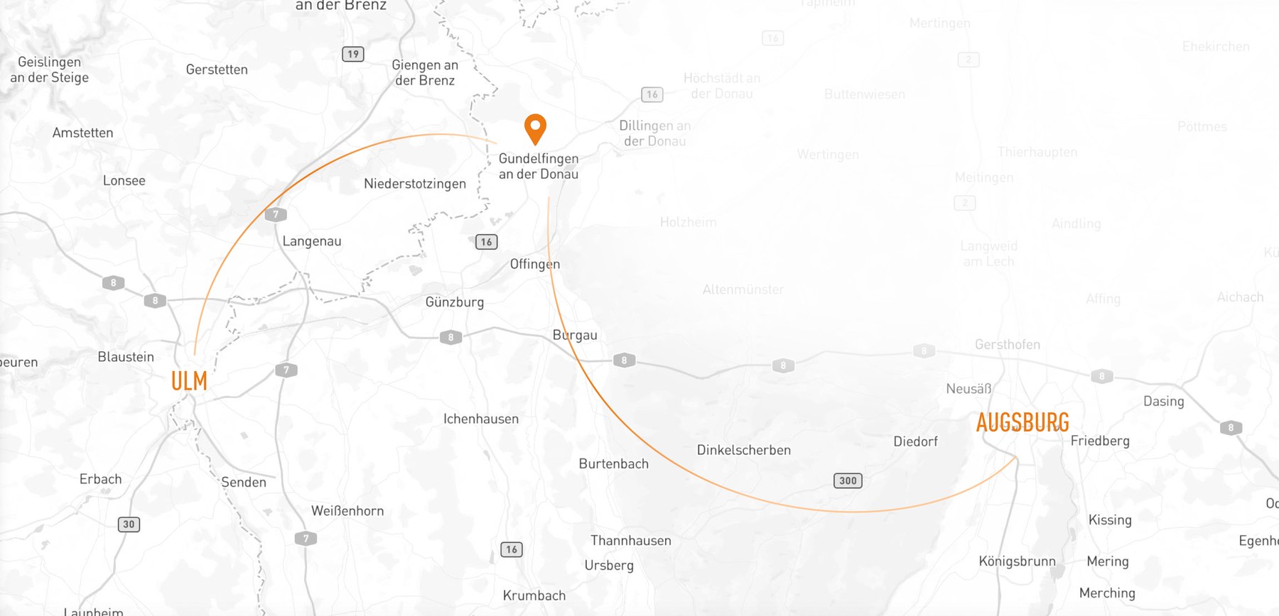 Kartenausschnitt der Region im Korridor Augsburg–Ulm mit Gundelfingen a.d. Donau.