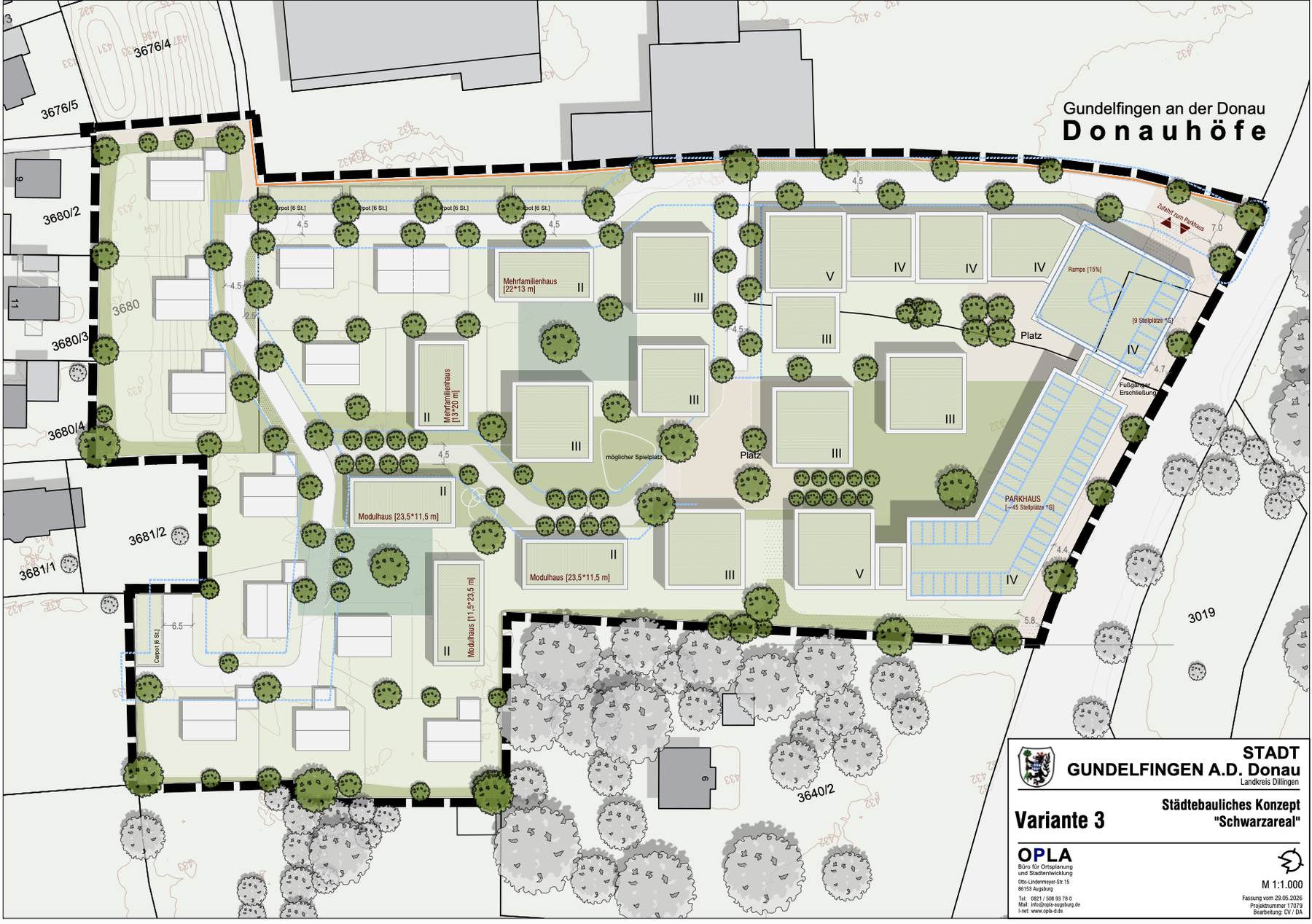 Städtebauliches Konzept des Quartiers DONAU HÖFE — Lageplan mit Baufeldern, Grünflächen und Erschließung.