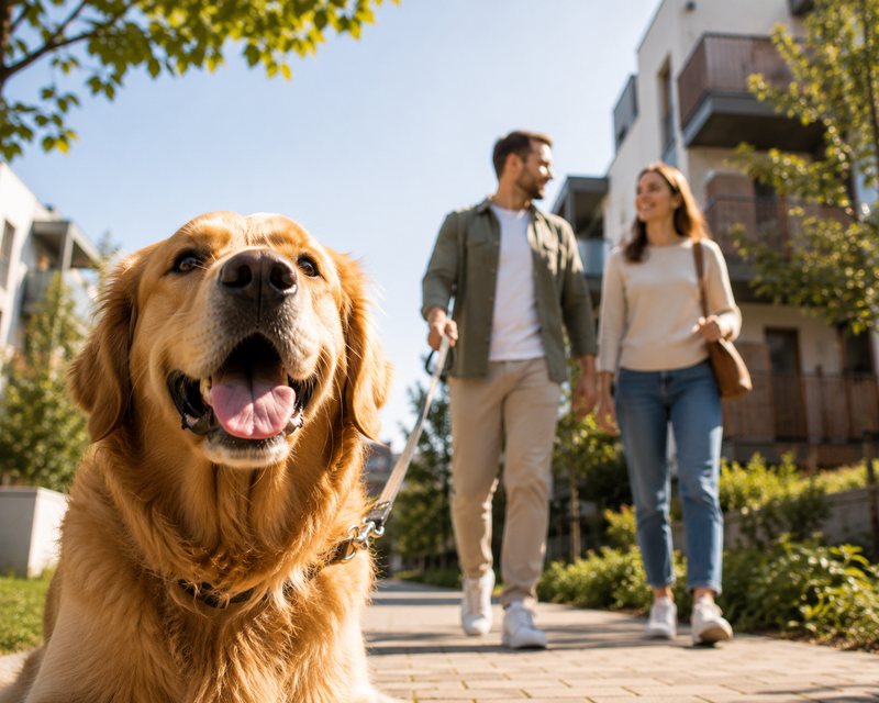 Visualisierung: Paar mit Hund unterwegs im Quartier.